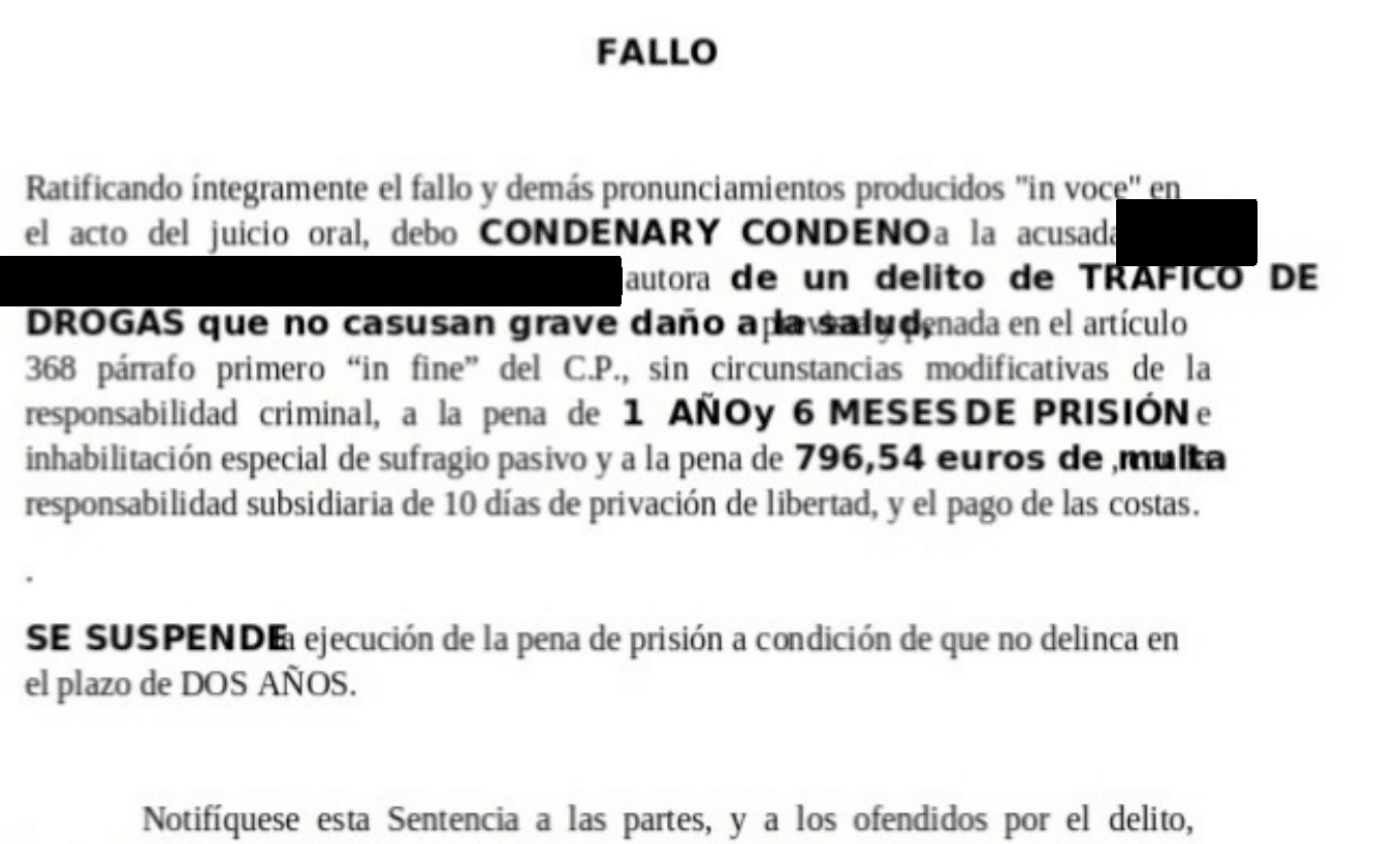 Extracto de la resolución judicial, con los datos identificativos ocultos