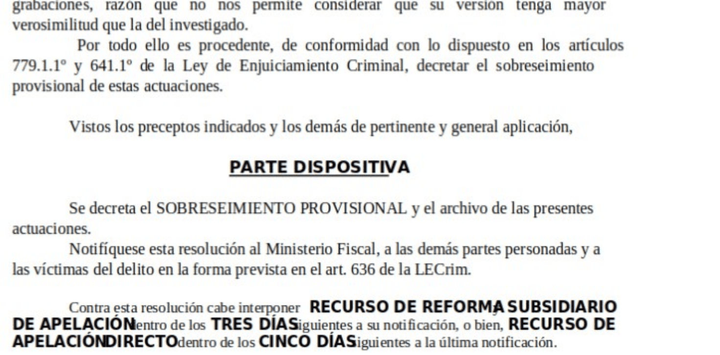 Extracto de la resolución judicial, con los datos identificativos ocultos