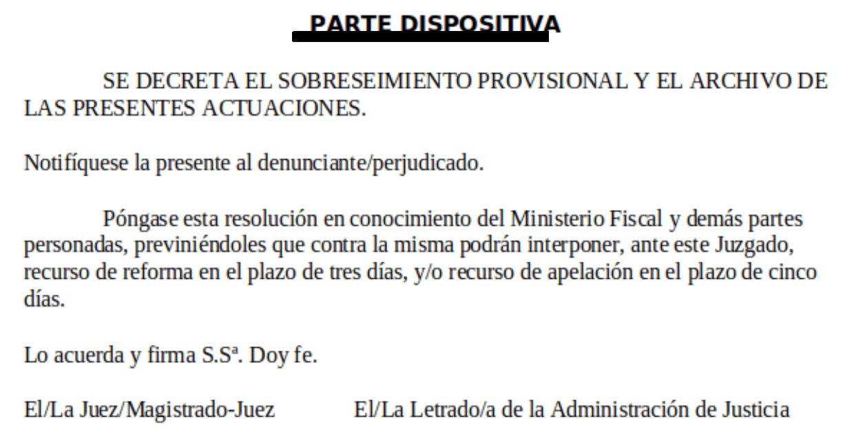 Extracto de la resolución judicial, con los datos identificativos ocultos