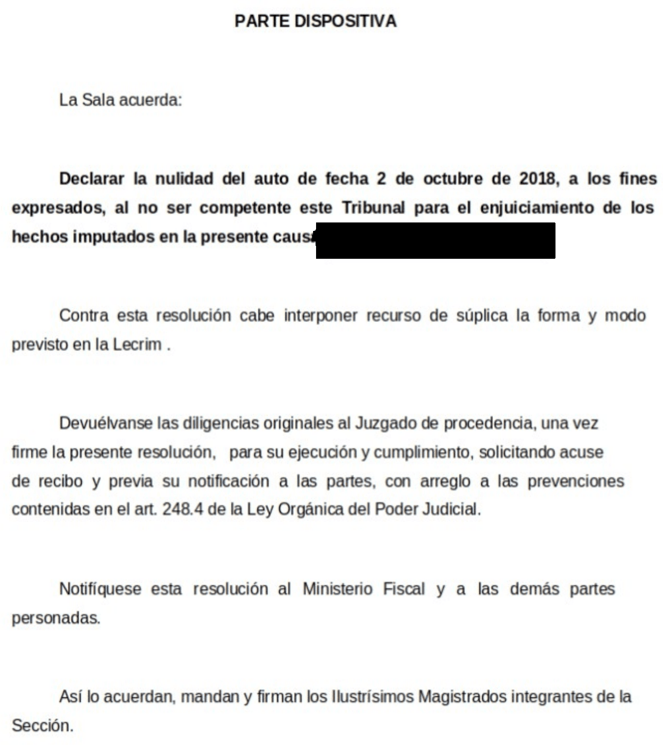 Extracto de la resolución judicial, con los datos identificativos ocultos