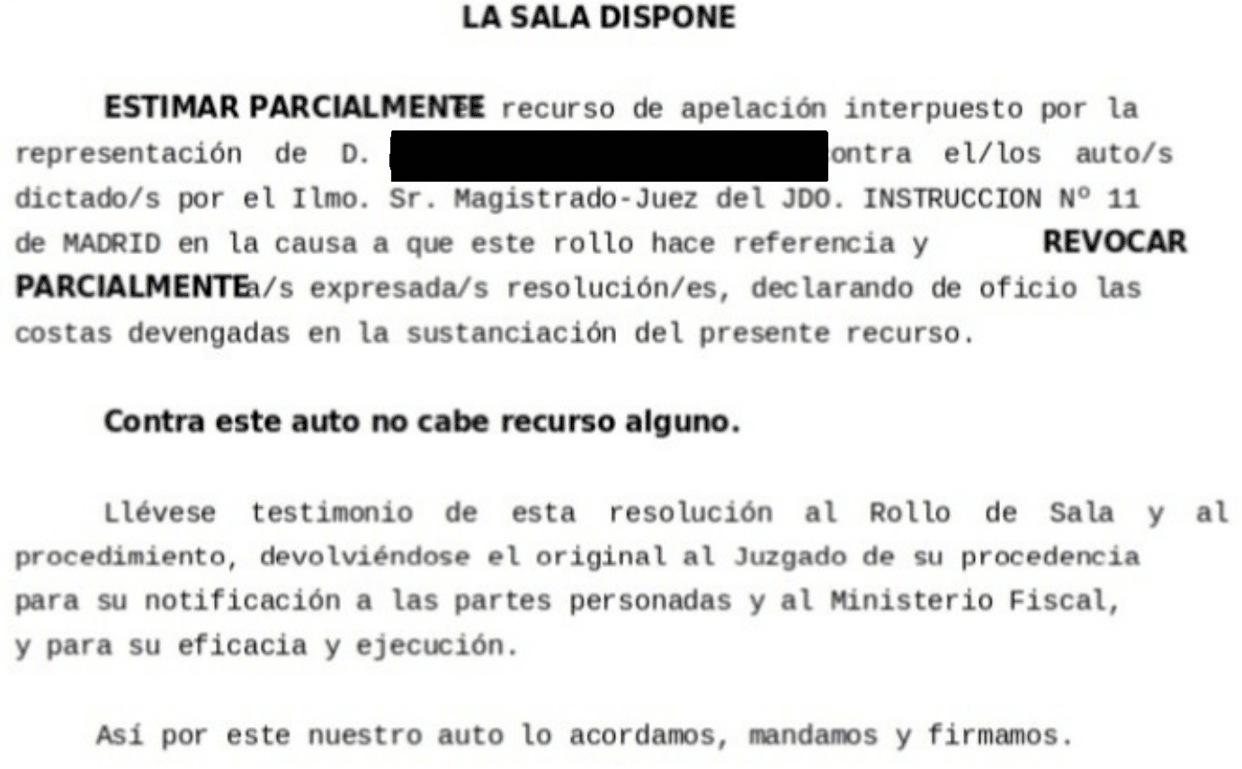 Extracto de la resolución judicial, con los datos identificativos ocultos