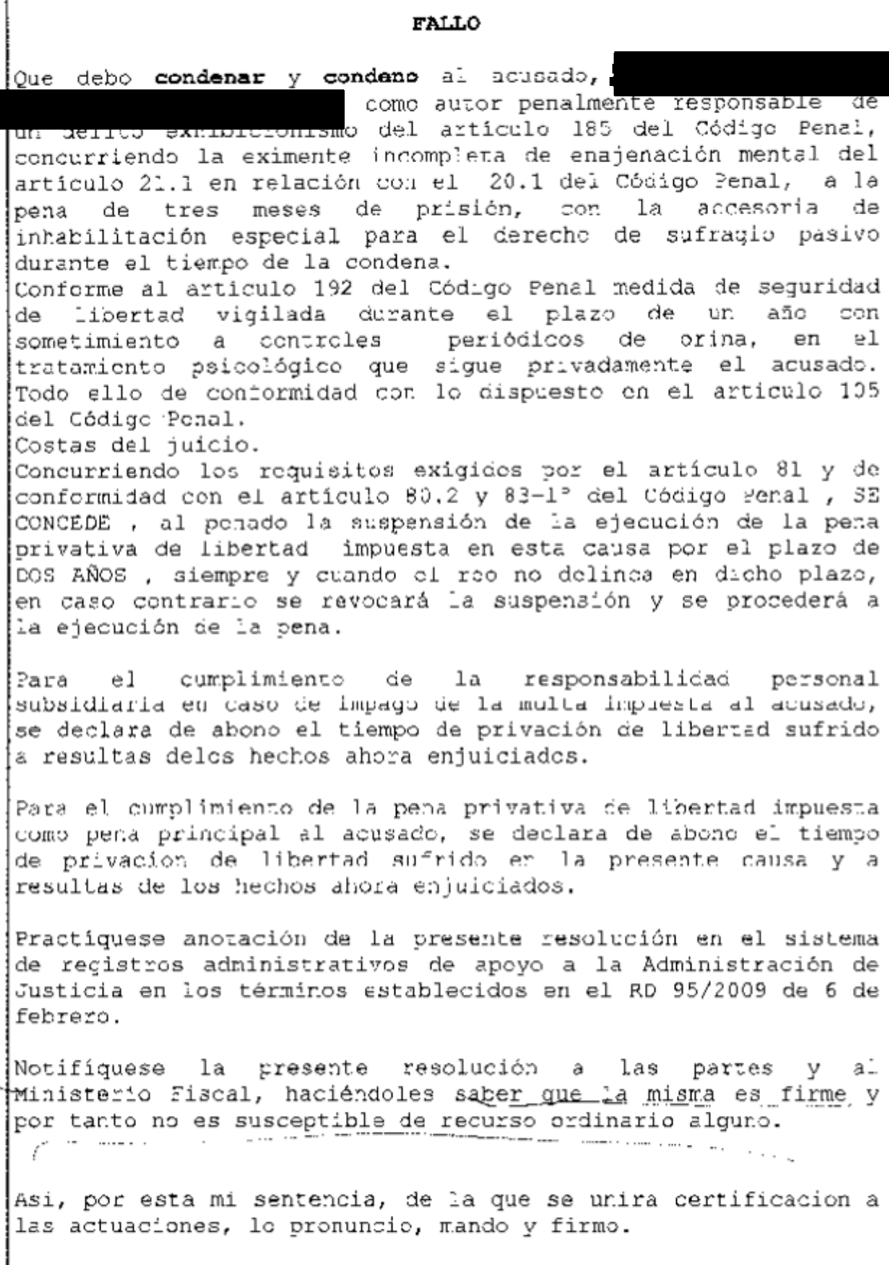 Extracto de la resolución judicial, con los datos identificativos ocultos