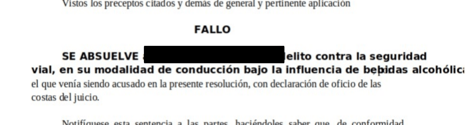 Extracto de la resolución judicial, con los datos identificativos ocultos