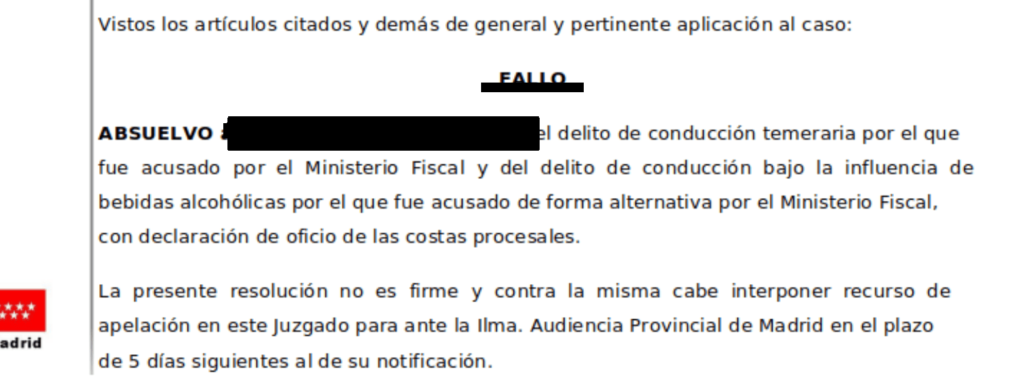 Extracto de la resolución judicial, con los datos identificativos ocultos