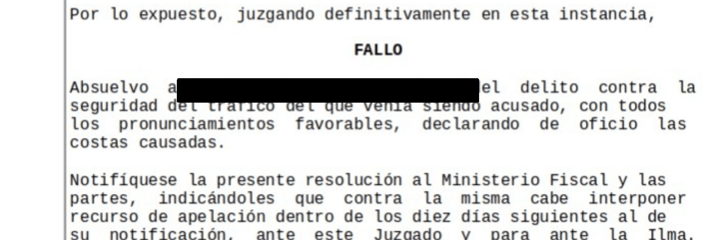 Extracto de la resolución judicial, con los datos identificativos ocultos