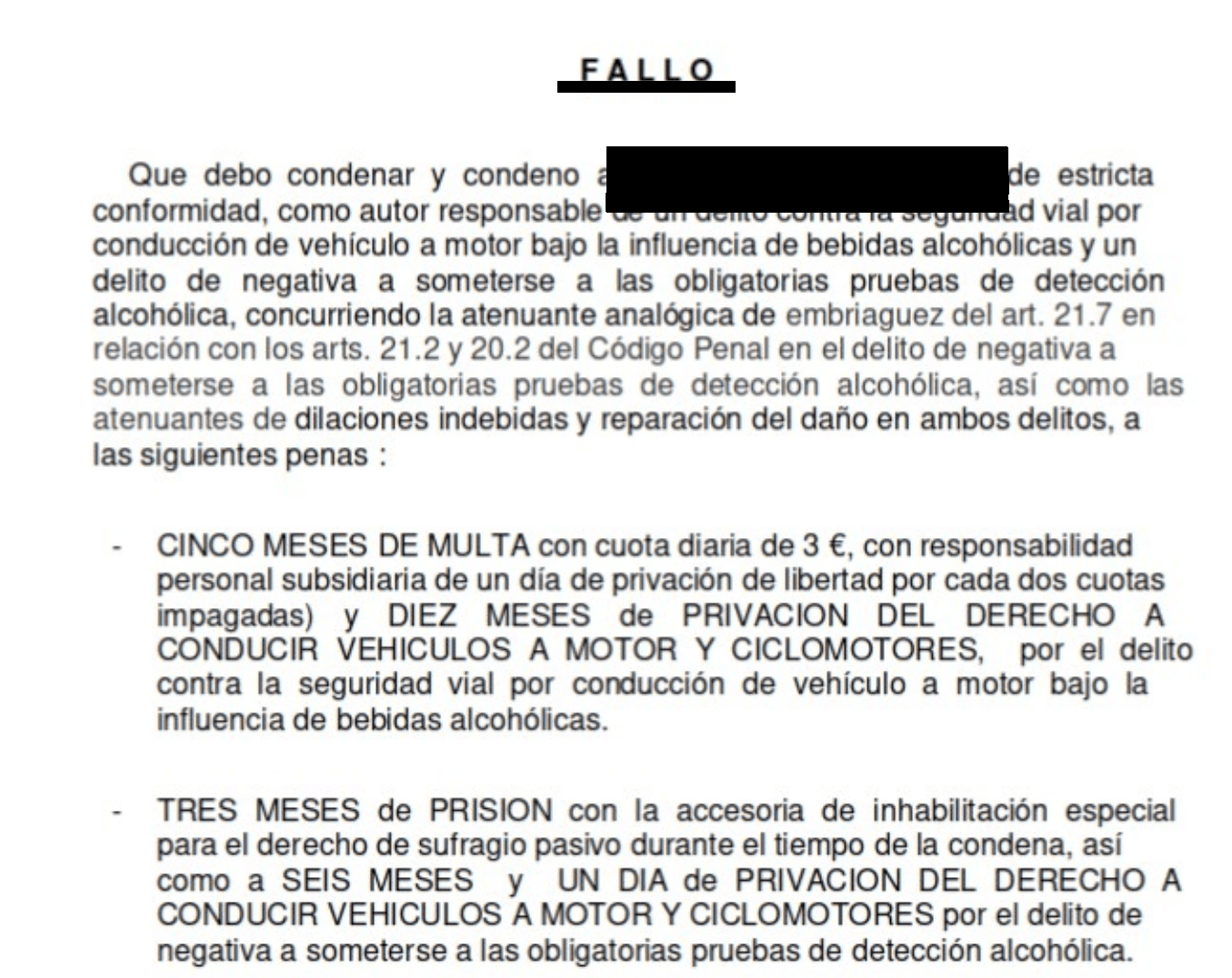 Extracto de la resolución judicial, con los datos identificativos ocultos