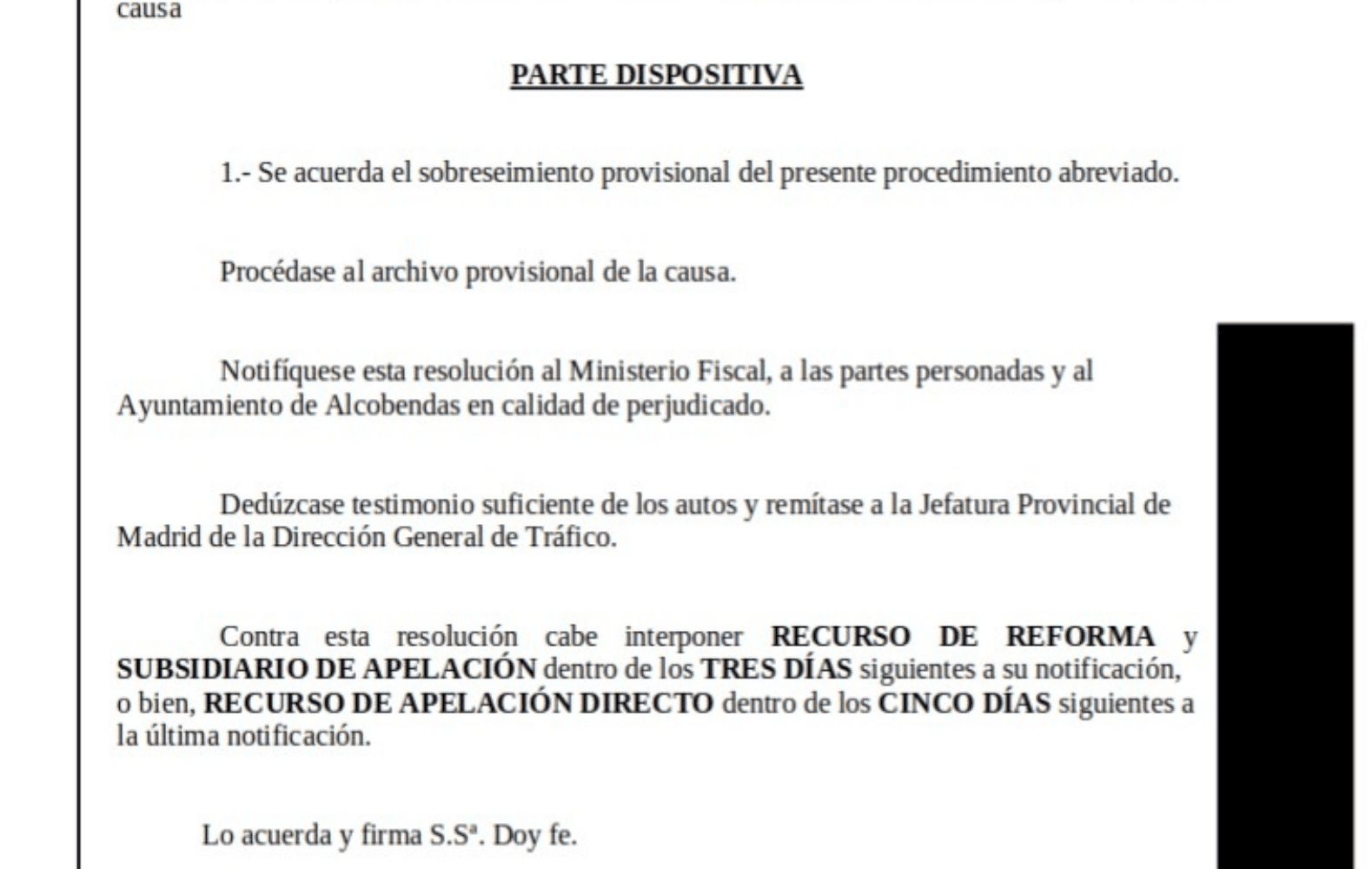 Extracto de la resolución judicial, con los datos identificativos ocultos