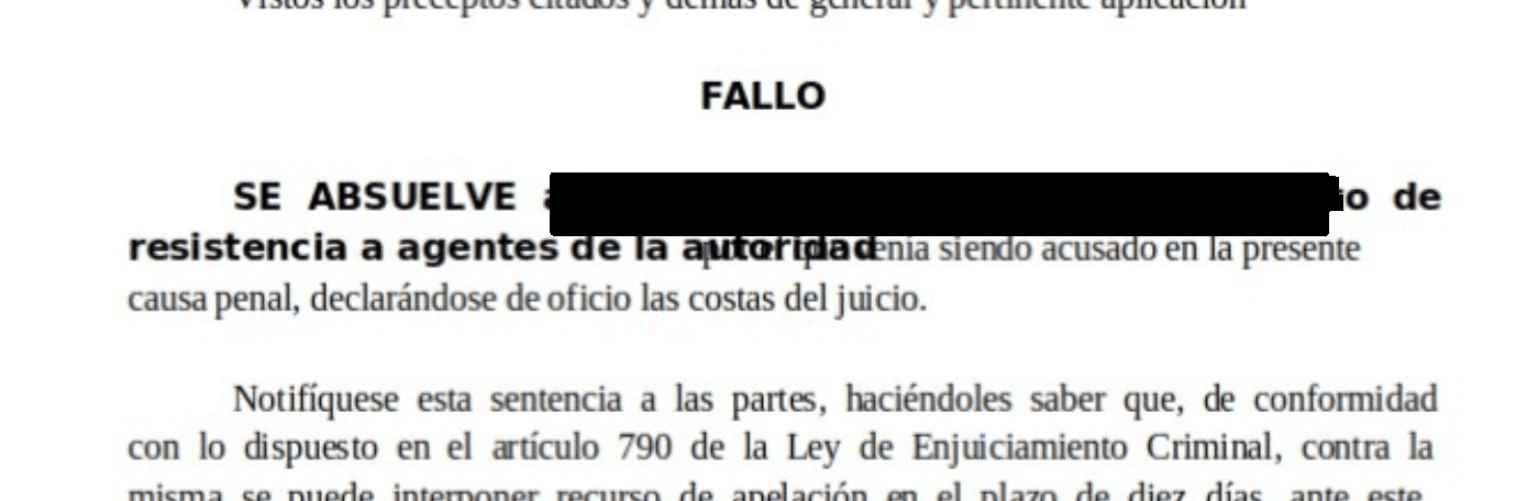 Extracto de la resolución judicial, con los datos identificativos ocultos