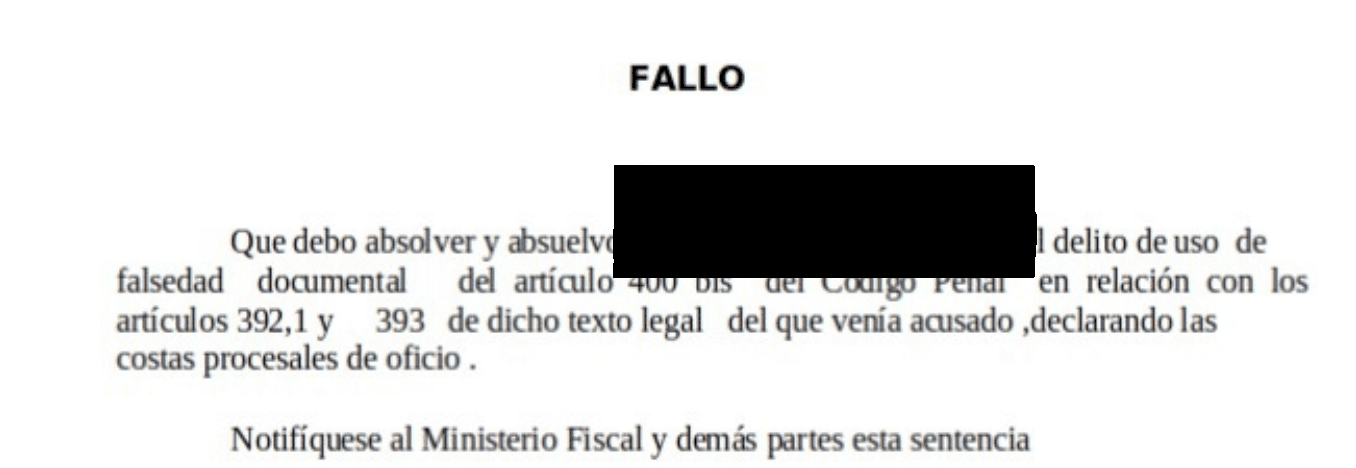 Extracto de la resolución judicial, con los datos identificativos ocultos